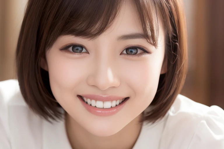 (highest quality、Tabletop、8k、Best image quality、Award-winning works)、One beautiful woman、(alone:1.1)、Japanese、Shoot from the front、Make the image symmetrical、Big eyes、Symmetrical eyes、The most beautiful smile looks at me、Accurate anatomy、(Beautiful skin that shines Very brightly:1.4)、(Very bright:1.4)、Ultra HD glossy skin、Ultra-high definition sparkling eyes、Super high quality hair、Stylish bangs、Beautiful teeth alignment、Smiling with teeth showing