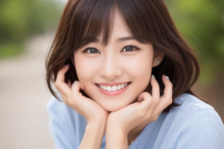 (highest quality、Tabletop、8k、Best image quality、Award-winning works)、One beautiful woman、(alone:1.1)、Japanese、Shoot from the front、Make the image symmetrical、Big eyes、Symmetrical eyes、The most beautiful smile looks at me、Accurate anatomy、(Beautiful skin that shines Very brightly:1.4)、(Very bright:1.4)、Ultra HD glossy skin、Ultra-high definition sparkling eyes、Super high quality hair、Stylish bangs、Beautiful teeth alignment、Smiling with teeth showing