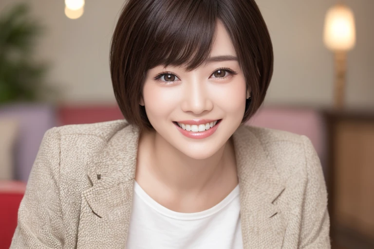 (highest quality、Tabletop、8k、Best image quality、Award-winning works)、One beautiful woman、(alone:1.1)、Japanese、Shoot from the front、Make the image symmetrical、Big eyes、Symmetrical eyes、The most beautiful smile looks at me、Accurate anatomy、(Beautiful skin that shines Very brightly:1.4)、(Very bright:1.4)、Ultra HD glossy skin、Ultra-high definition sparkling eyes、Super high quality hair、Stylish bangs、Beautiful teeth alignment、Smiling with teeth showing