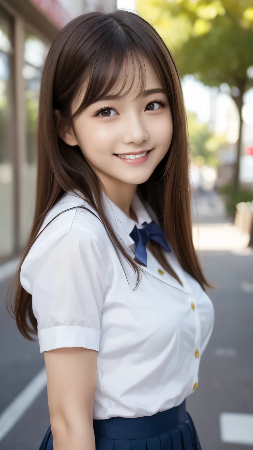 bright表情、Photorealistic:1.32、highest quality、超A high resolution、最も美しい日本のgirlの写真、Cute and beautiful face details、Small Face、美しいbangs、14 years old、Radiant, fair, glowing skin、Hair gets tangled in the face、(girl１Only people:1.3)、顔まで伸びるbangs、bangs、Hair between the eyes、Attractive brown silky hair、bright、Her clear eyes shine charmingly、Cute pose、highest quality、Disorganized、((The cutest girl in the world))、Japanese、((School uniform summer clothes:1.3))、(High waist pleated skirt)、Newest Brands、(Half Side Up:1.3)、(Thin ribbon)、Nice and cute、An innocent smile、nice smile、Cleavage、(Large Breasts:1.3)、(Posing cutely:1.3)、Brown Hair、Small waist、Detailed beautiful eyes、View your viewers、Upper Body、Close-up of face、Front view、