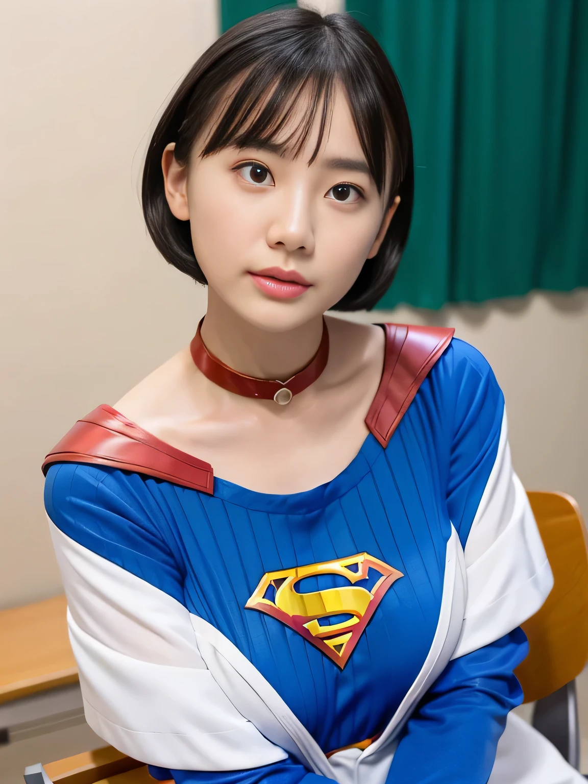 masterpiece、supergirl costume、short hair、enamel boots、big and full breasts、Crisis situation、Press conference、model body shape、shiny、long sleeve、looking at camera、choker、red mini skirt、Weekly magazine cover、gravure magazine、sweaty、whole body、from right in front、off shoulder、Seduce、sweaty、