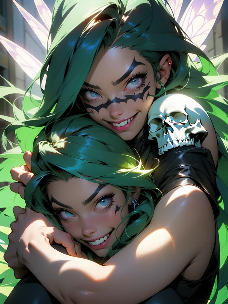 the perfect artegem Androgynous smiling man, niji: 6, mascara, with a giant gun in his hand, and another arm hugging the beautiful fairy princess in trouble, white twilight effect on the green hair, high level beautiful pasteurization, muscular man, , epic cover art, pastel gothic aesthetic, ios, poggers, ) sinister vibes, mad smile, neon details, cobalt, yolo - aesthetic, 7 7 7 7, skull, cr3, the best, gamedev, Niji_smile: 1> ar----16:9