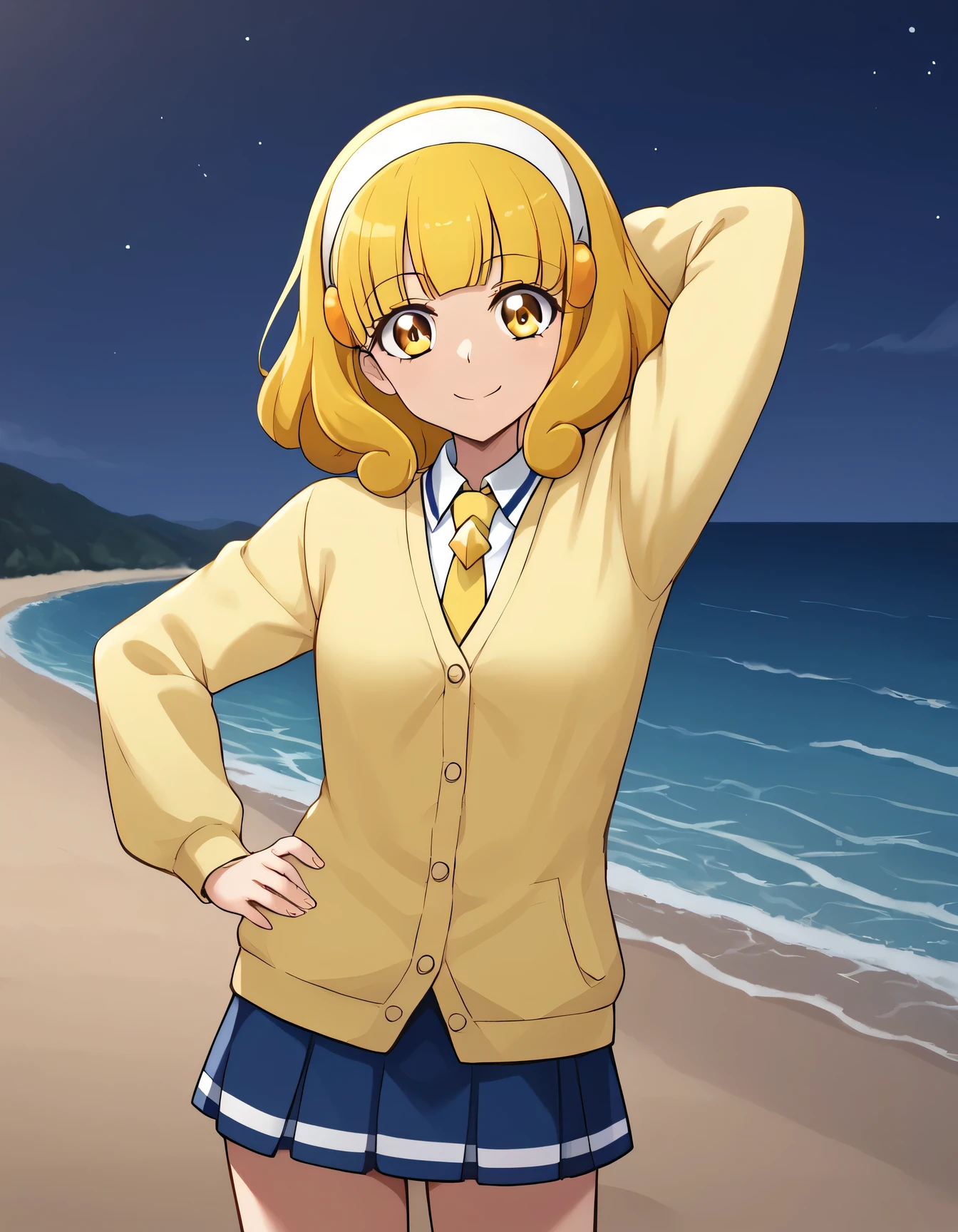 score_9, source_anime, rating_safe BREAK 1girl, solo
kise yayoi, yellow hair, yellow eyes, white hairband, hair ornament, medium hair, nanairogaoka middle , yellow necktie, yellow cardigan, cowboy shot, solo, night sky, beach, arm behind head, hand on hip, contrapposto, spread armpits, looking at viewer, best quality, smile, 