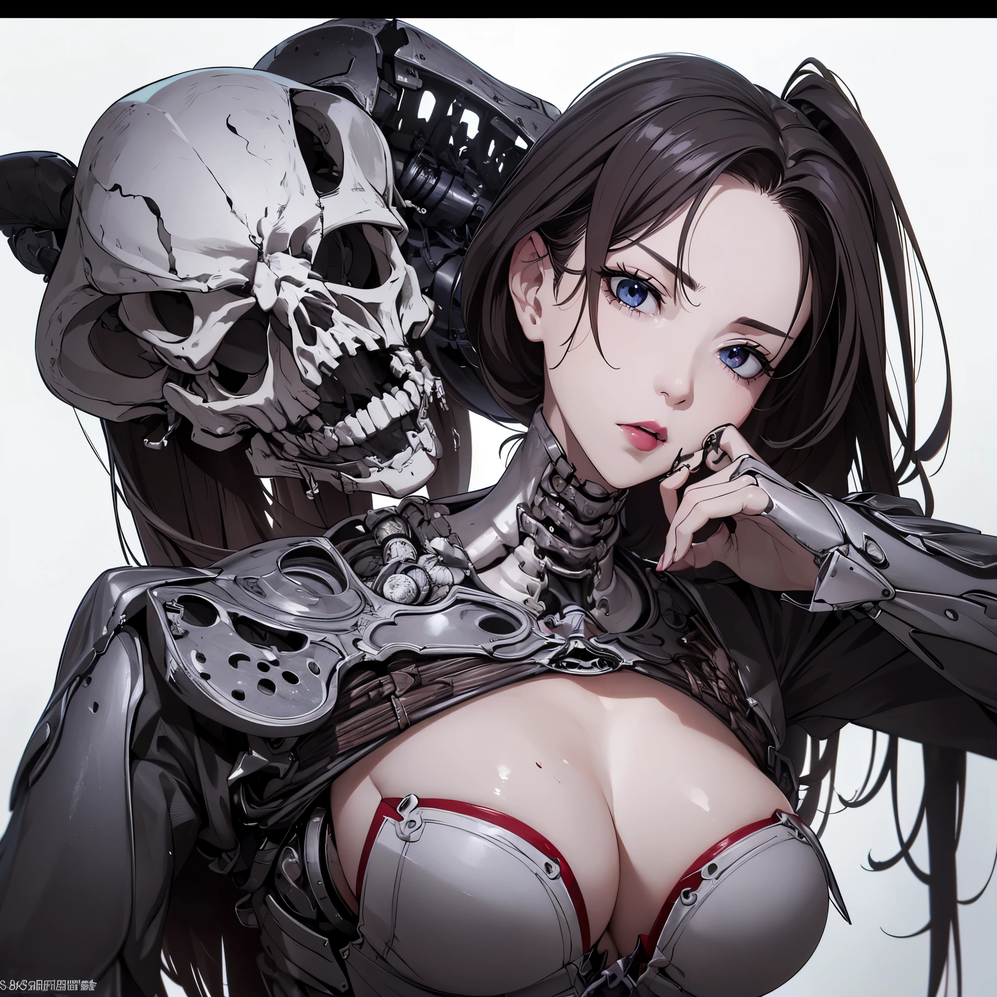 ((8K resolution))、((highest quality))、((masterpiece))、((Very detailed))((((dramatic))), (Anatomically correct)、The depth of the object to write、Looking at the camera、front、(woman、Mechanical bones格、Mechanical boneechanical Cervical Vertebra、Long and thin、lipstick、Spit sludge from the mouth、Bloody)、spooky、an ominous、((theme、whole body:1.1)), SF、Design、White Background