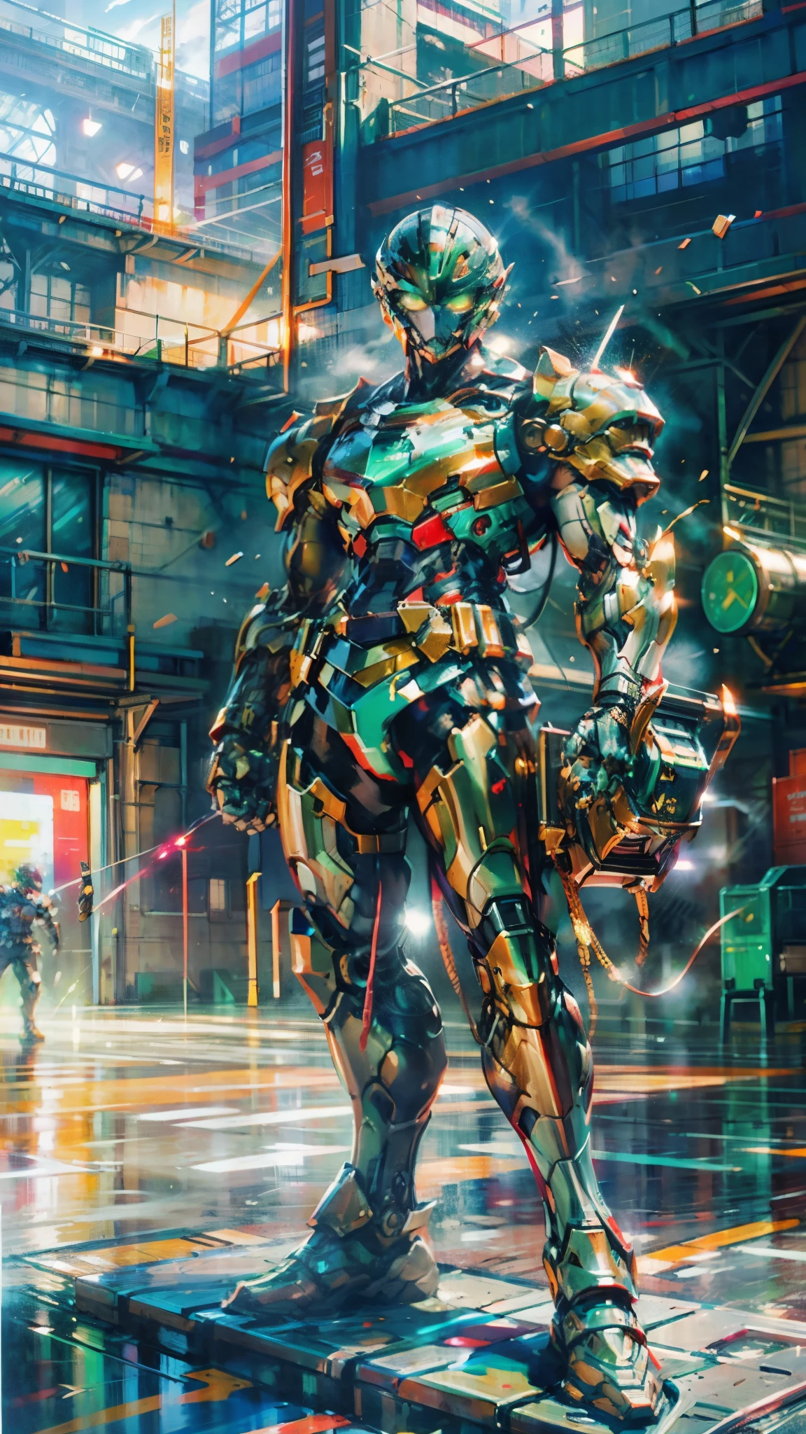 A man wearing a full-face helmet, a fantasy-style biotech armored combat suit, green eyes, (a composite layered chest armor), fully enclosed shoulder guards, matching arm and leg guards, the belt is adorned with cross, (the color scheme is primarily white with golden and blue accents), the design balances heavy with agility, a high-tech bio-mecha armor, (Armor Concept Inspired by Paladin, stand on the top of a skyscraper in a futuristic sci-fi city), this character embodies a finely crafted fantasy-surreal style armored hero in anime style, exquisite and mature manga art style, (battle damage, element, plasma, energy, the armor glows), ((male:1.5)), metallic, real texture material, dramatic, high definition, best quality, highres, ultra-detailed, ultra-fine painting, extremely delicate, professional, perfect body proportions, golden ratio, anatomically correct, symmetrical face, extremely detailed eyes and face, high quality eyes, creativity, RAW p