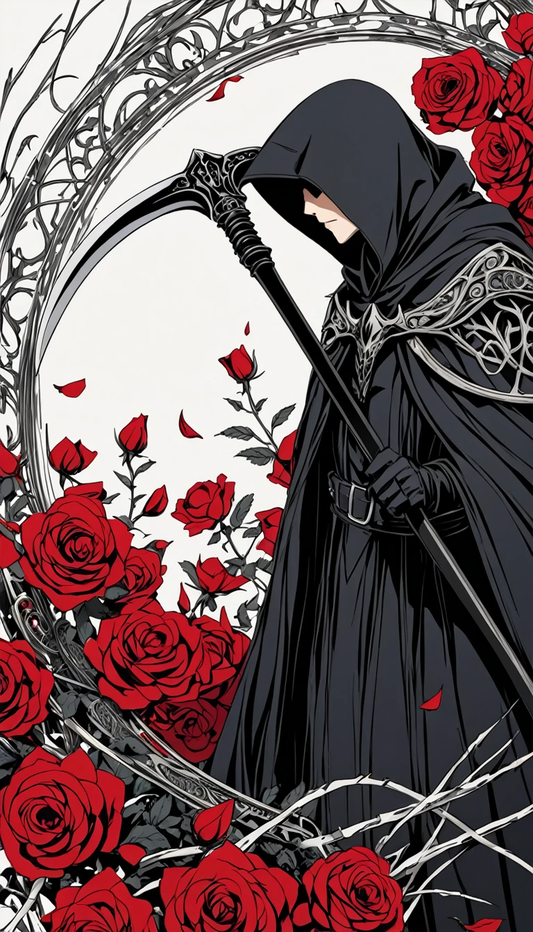 (Anime line drawing:1.5),(black:1.45),Minimalism,(Line Art:1.6),sketch,charcoal drawing,Nick Vesey style,author：Araki Torohiko, rest Black Reaper,(Broken cloak:1.4),Wind flow lines,Armed with a death scythe,(Intricate details:1.7),The fine texture of the sickle,(A gorgeous and heavy sickle:1.2),sickle epitaxy, rest (bloom:1.3),(full bloom:1.3),Dodge Rose,Ominous Red,Death&#39;s energy atmosphere, rest (Blood splatter:1.3),(Paint splatter:1.2),(Paint dripping:1.2),