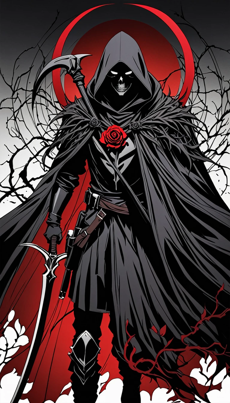 (Anime line drawing:1.5),(black:1.45),Minimalism,(Line Art:1.6),sketch,charcoal drawing,Nick Vesey style,author：Araki Torohiko, rest Black Reaper,(Broken cloak:1.4),Wind flow lines,Armed with a death scythe,(Intricate details:1.7),The fine texture of the sickle,(A gorgeous and heavy sickle:1.2),sickle epitaxy, rest (bloom:1.3),(full bloom:1.3),Dodge Rose,Ominous Red,Death&#39;s energy atmosphere, rest (Blood splatter:1.3),(Paint splatter:1.2),(Paint dripping:1.2),