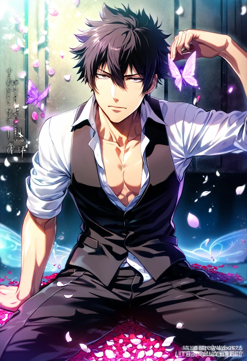 absurdres, highres, ultra detailed, HDR, master piece, best quality, Kougami Shinya, black hair, expressive gray eyes, psycho pass, solo, sexy man, handsome, toned chest, white coat, black tight shirt, black pants, black gloves, purple butterflies, petals, purple flowers, magical, fantasy, glittering