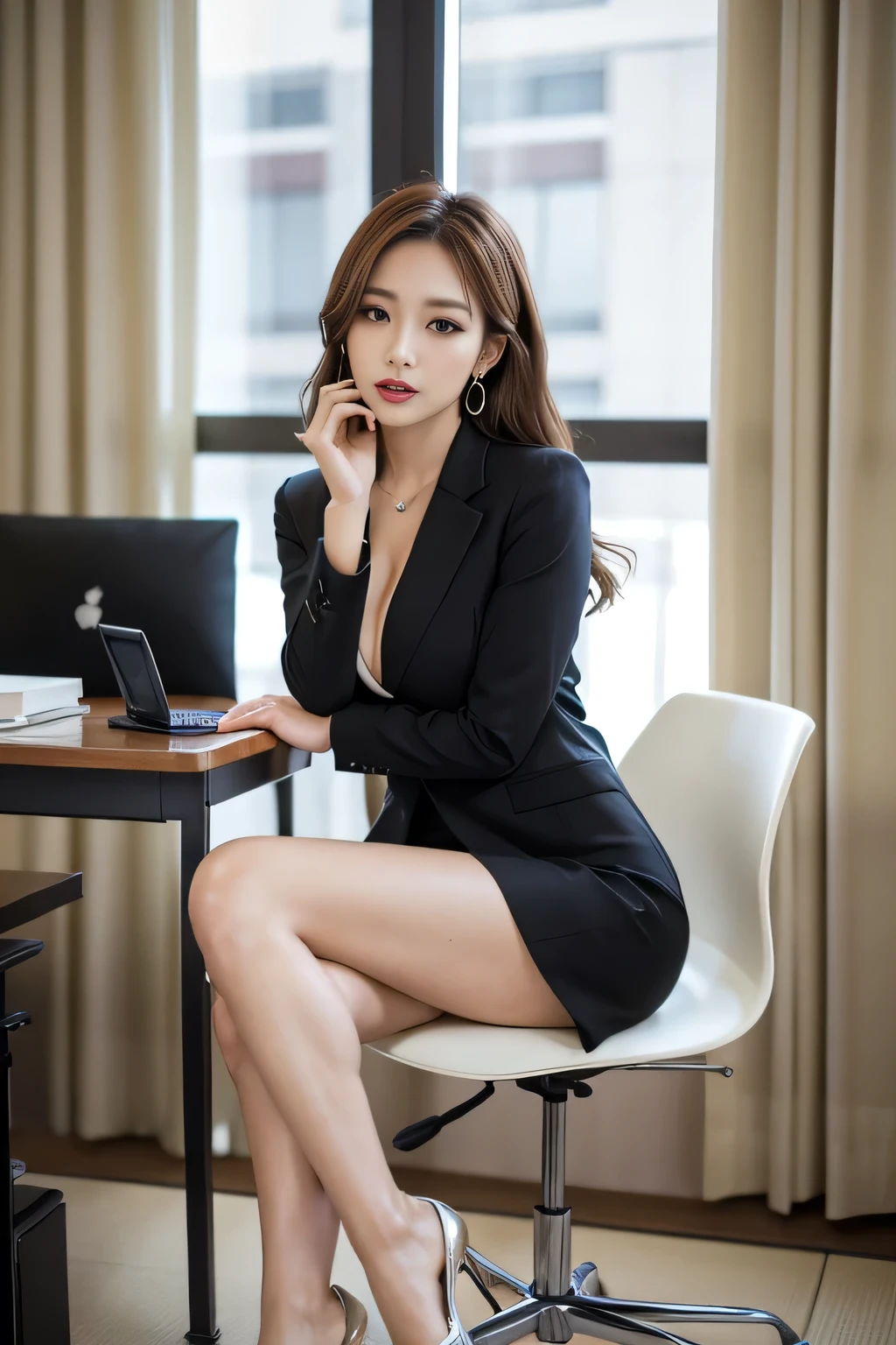 Beautiful Japanese Women,Photos taken by a professional photographer,Flashy makeup using red eyeshadow,double eyelid,Short, side-waved delicate brown hair,Large ring earrings,Elegant legs,Wearing black high heels,Long, slender legs, White shirt and ultra-mini skirt, Long legs, Standing in class, Very beautiful slim legs, Very beautiful Long, slender legs, Sitting at a desk, business suit、 Beautiful legs, good hips and Long legs, Beautiful legs, Cleavage, Sitting in a chair,