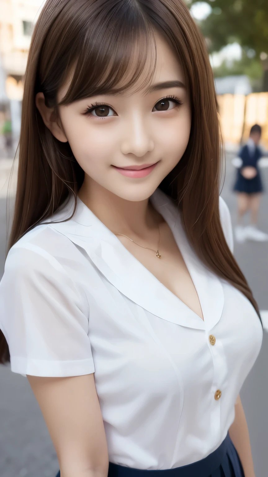 bright表情、Photorealistic:1.32、highest quality、超A high resolution、最も美しい日本のgirlの写真、Cute and beautiful face details、Small Face、美しいbangs、、Radiant, fair, glowing skin、Hair gets tangled in the face、(girl1Only people:1.3)、顔まで伸びるbangs、bangs、Hair between the eyes、Attractive brown silky hair、bright、Her clear eyes shine charmingly、Cute pose、highest quality、Disorganized、((The cutest girl in the world))、Japanese、((School uniform summer clothes:1.3))、(High waist pleated skirt)、Newest Brands、(Half Side Up:1.3)、(Thin ribbon)、Nice and cute、An innocent smile、nice smile、Cleavage、(Large Breasts:1.3)、(Posing cutely:1.3)、Brown Hair、Small waist、Detailed beautiful eyes、View your viewers、Upper Body、Close-up of face、Front view、