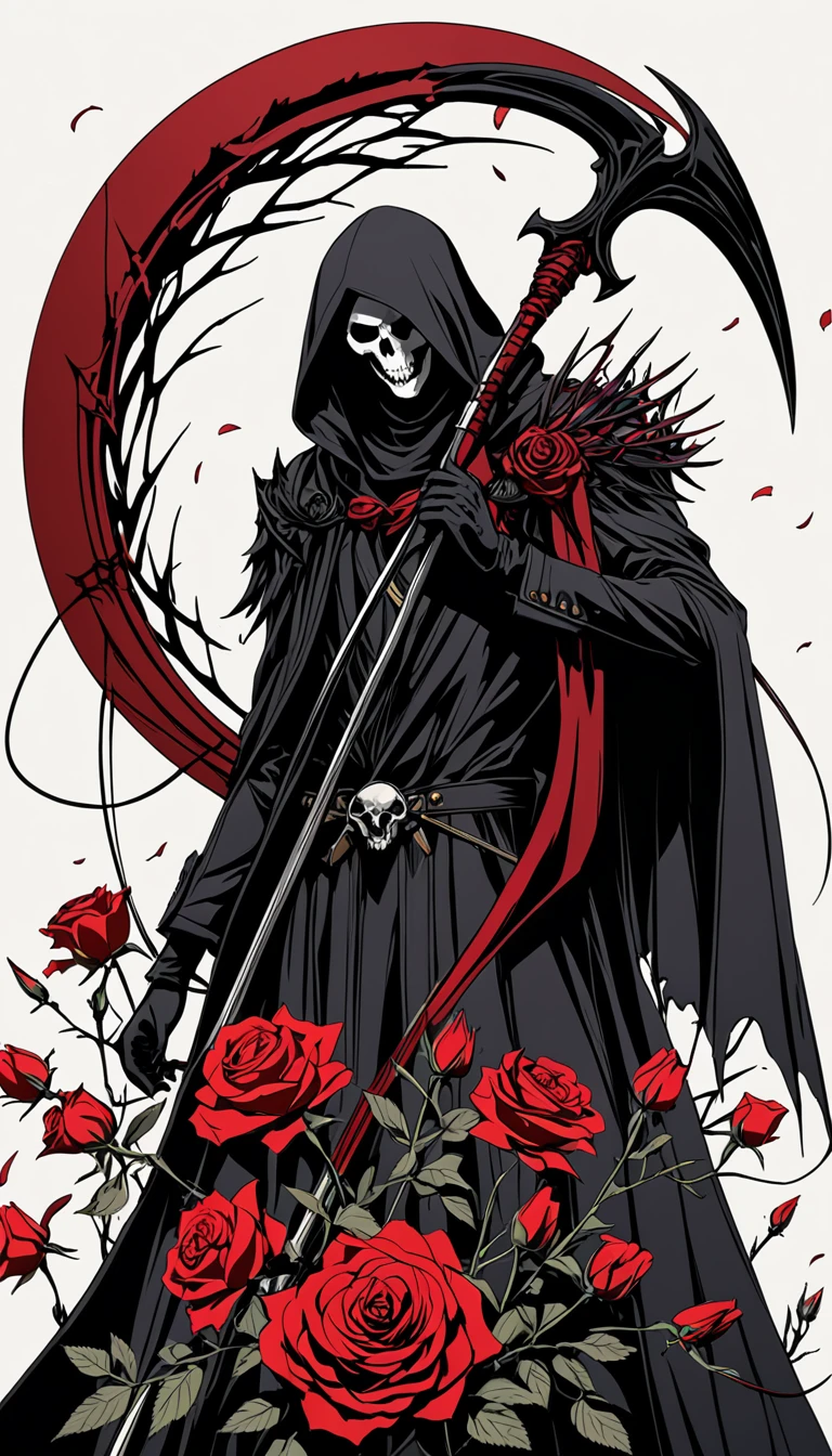 (Anime line drawing:1.5),(black:1.45),Minimalism,(Line Art:1.6),sketch,charcoal drawing,Nick Vesey style,author:Araki Torohiko, rest Black Reaper,(Broken cloak:1.4),Wind flow lines,Armed with a death scythe,(Intricate details:1.7),The fine texture of the sickle,(A gorgeous and heavy sickle:1.2),sickle epitaxy, rest (bloom:1.3),(full bloom:1.3),Dodge Rose,Ominous Red,Death's energy atmosphere, rest (Blood splatter:1.3),(Paint splatter:1.2),(Paint dripping:1.2),