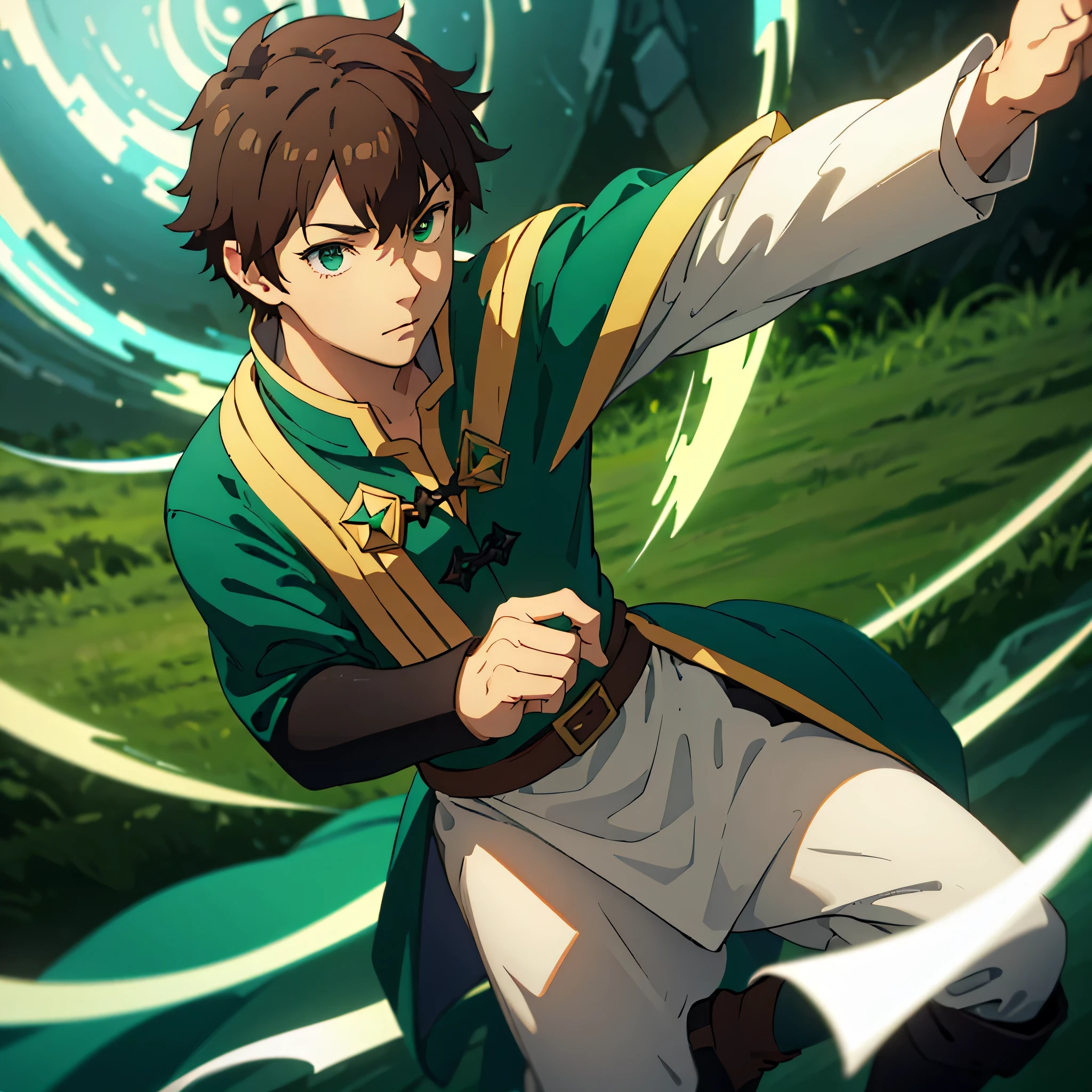 A young man wearing fantasy uniform white shirt, green cape, black pants, black boots, brown hair, green eyes, mischievous face, in a fantasy forest, bokeh effect, stereogram, tachi- e, atmospheric point of view, high detail, luminism, hyperrealism, brightness, 8k, super detail, accurate, best quality, high resolution, award-winning, anatomically correct