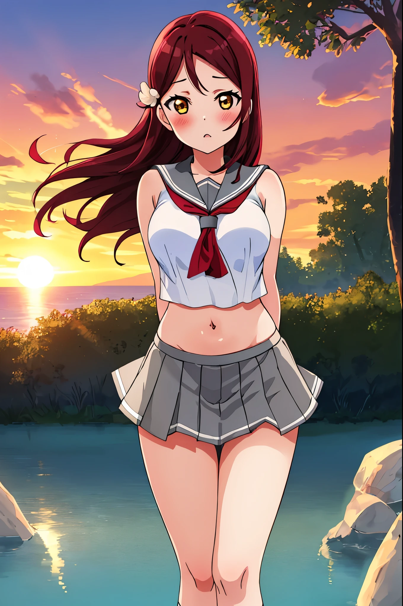 Masterpiece,best quality,Solo, cowboy shot,Sakurauchi riko, long hair, blush, love scene, skirt, sleeveless, pleated skirt, standing, serafuku, grey skirt, uranohoshi ,navel,thicc thighs ,sea in background, sunset time , arms behind back, floating skirt 