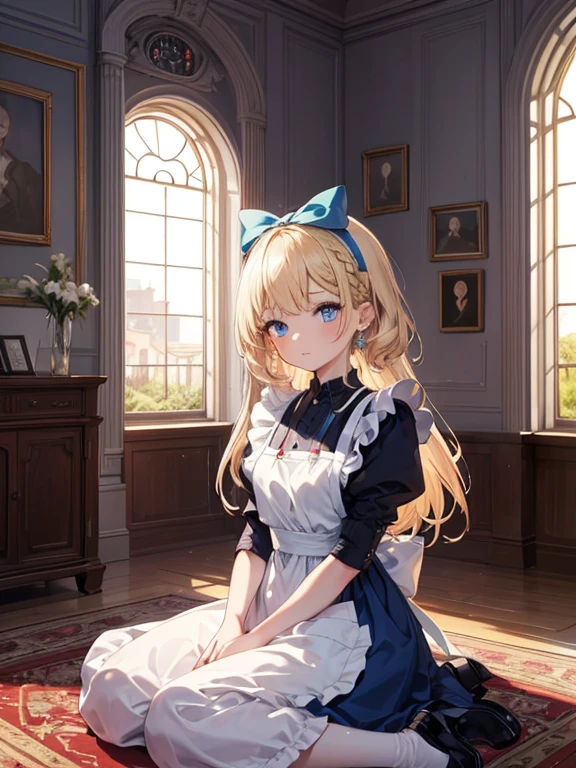 masterpiece, highest quality, Very detailed, 16k, Ultra-high resolution, Alice in Wonderland, 10-year-old girl, Detailed face, blue eyes, Blonde, Braid, Long Hair, Ribbon on head, Blue Dress, White apron, In a room with a big clock, Clock, wall clock, carpet, Music Box