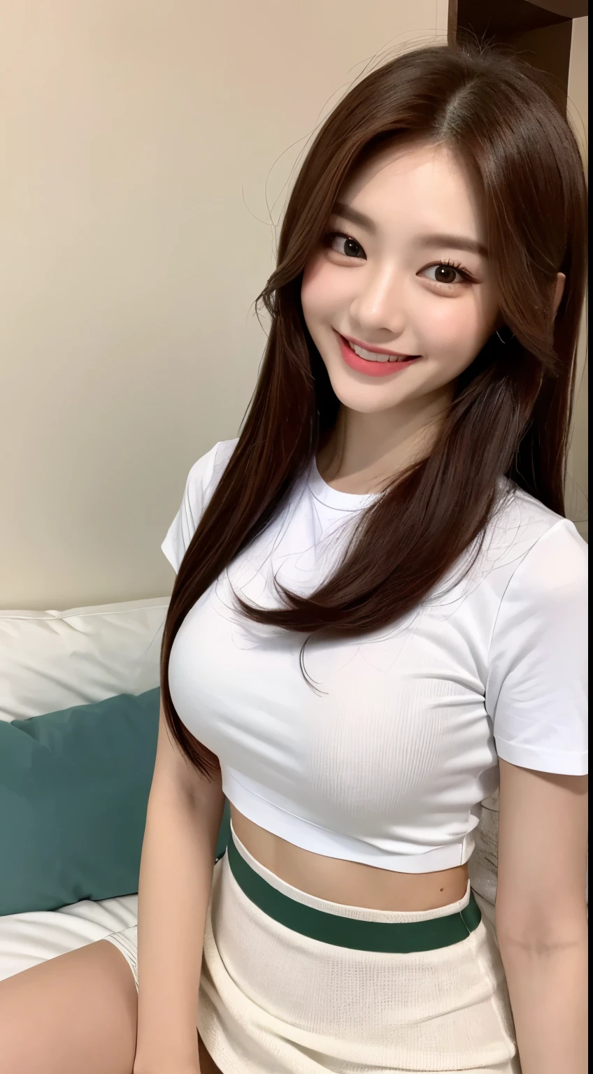 White tight shirt、White tight mini skirt、bed、smile、Short sleeve、high resolution、Korean idol face、double eyelid、White teeth