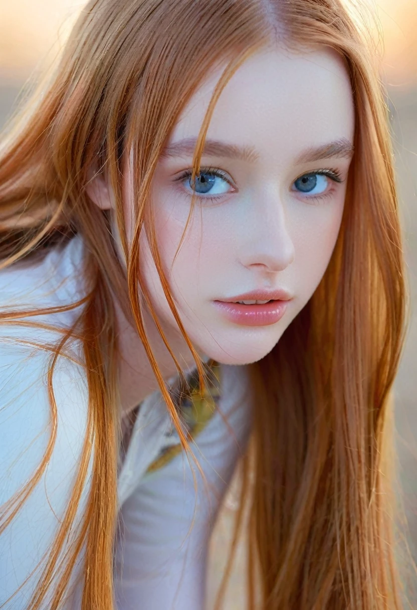 ((intricate details, extreme close up portrait, pale skin)), solo, very detailed, detailed face, very long hair, picture of a beautiful young woman, dasha_taran, sfw, ((natural orange hair)), High Definition RAW Photography, 16k photography, (full body), standing, delicate facial features, pretty face, detailed full body, visible from head to knees, (bright sky-blue eyes:1.2), mesmerizing eyes, emotive longing expression, (cinematic, film grain:1.1)