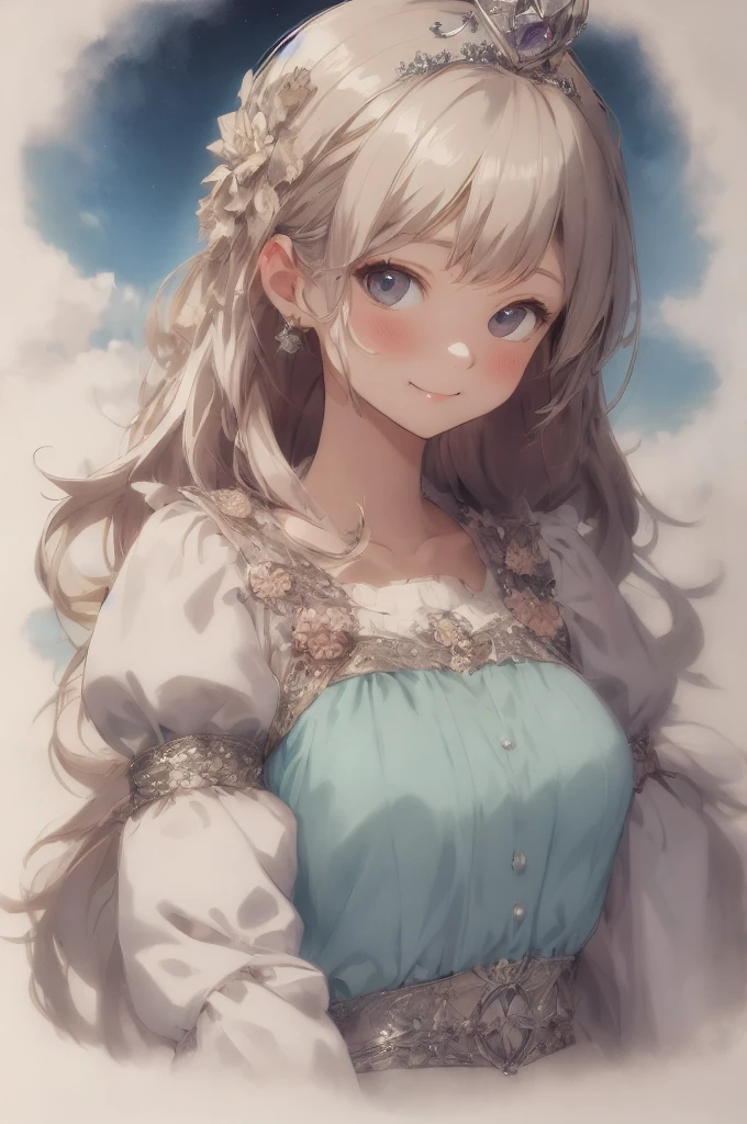Absurd, High resolution, Super detailed, (1 Princess:1.3), My first puff sleeve, Little smile, fluffy, Hidamari, Pastel style, Soft Blending, Dreamy wash, Delicate texture,