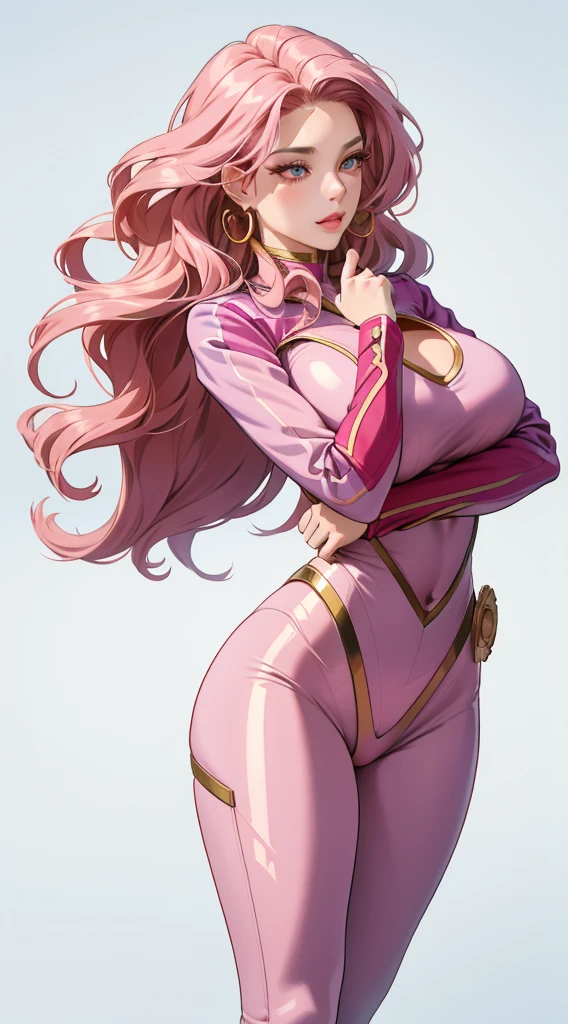 (best quality:1.5, highres, UHD, 4K, detailed lighting, shaders), pink wavy hair, gradient hair, large breasts, suit, social lomg pants, mature woman , (pov), white background, colorful eyeshadow, dramatic lighting, sparkling eyes, sensual expression, golden earrings, flowing hair, delicate facial features, soft skin, high cheekbones, urban setting, white background, dont look for the camera, lean forward, Render 4 poses,