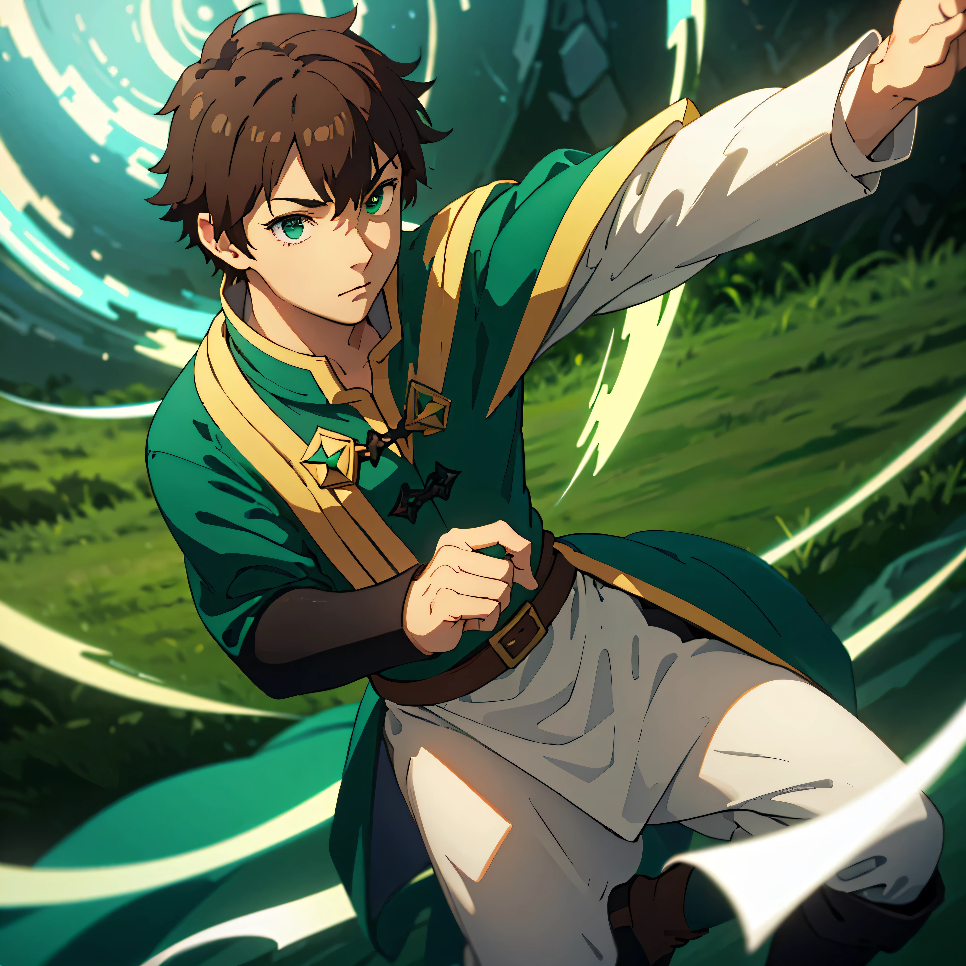 A young man wearing fantasy uniform white shirt, green cape, black pants, black boots, brown hair, green eyes, mischievous face, in a fantasy forest, bokeh effect, stereogram, tachi- e, atmospheric point of view, high detail, luminism, hyperrealism, brightness, 8k, super detail, accurate, best quality, high resolution, award-winning, anatomically correct
