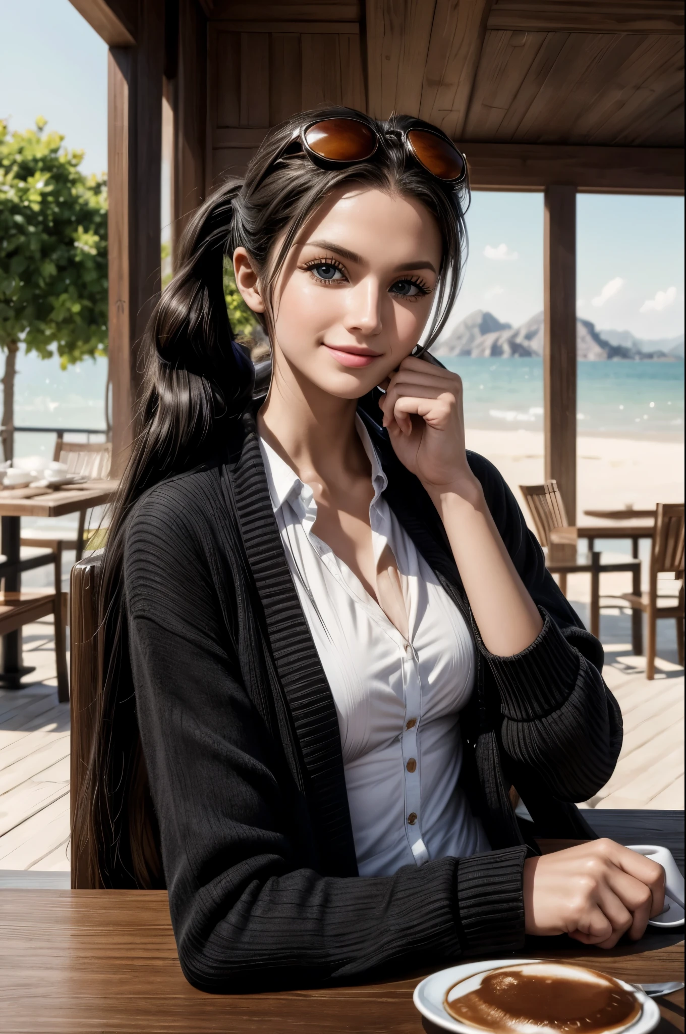 masterpiece, best quality, extremely detailed, hyperrealistic:1.1, photorealistic, a beautiful 20s russian model, ultra detailed face:1.1, twintails:1.1, black hair, black long cardigan, sunglasses on head:1.1, in luxurious cafe, in the sunshine:1.1, sitting at table with a coffee cup:1.2, perfect hands, perfect fingers, laughing, arms up