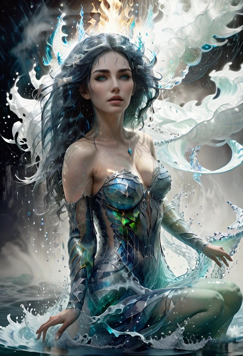 (masterpiece:1.2), (best quality), (detailed), (intricate), (8k), (HDR), (wallpaper), (cinematic lighting), (sharp focus), Aphrodite in wrath, left side view, close up, upper torso, water wrapped around body, perfect body, perfect face, perfect hands, hold an blue flames astral orb, floating on water, blue flames eyes, wavy long hair, no dress, body exposed, disclose, ethereal white dragon, ethereal water, ethereal, massive smoke, blue-green smoke, feet on clouds, UHD, ultra detailed, hyper realistic, surrealism, epic realism freeze iced, no chest dress, glowing skin, perfect face, perfect body, Phoenix flames, glitter night