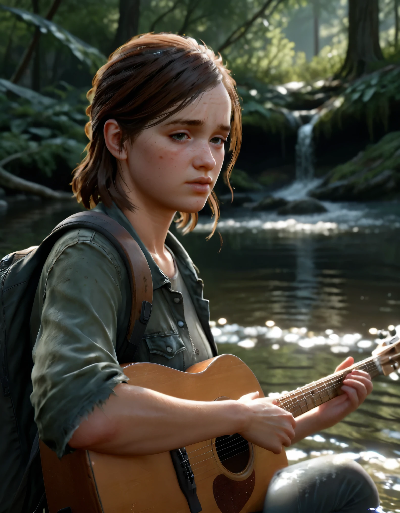 Ellie - The last of us 2 (a)realistic,professional,sharp focus,highres,ultra-fine painting,natural lighting,bokeh,studio lighting,wavy water,reflections,serene atmosphere,freshness,flowing movement,rippling waves,calm surface,vivid colors,rippling water lines,subtle light and shadow,ripples,pure water,peaceful,tranquility,harmony,natural beauty,sunlight dancing on water,relaxation