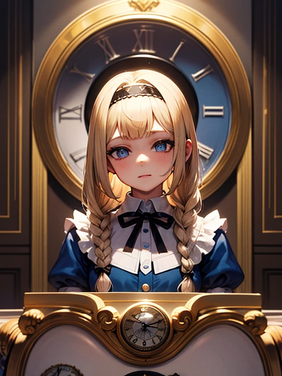masterpiece, highest quality, Very detailed, 16k, Ultra-high resolution, Alice in Wonderland, 10-year-old girl, Detailed face, blue eyes, Blonde, Braid, Long Hair, Ribbon on head, Blue Dress, White apron, In a room with a big clock, Clock, wall clock, carpet, Music Box