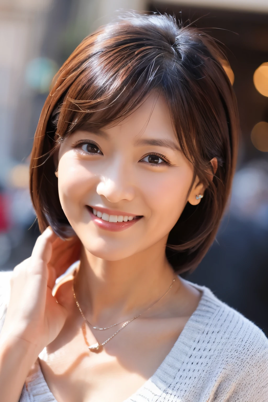 57 years old、smile、beautiful、Elegant adult attire、Shining eyes、stare、