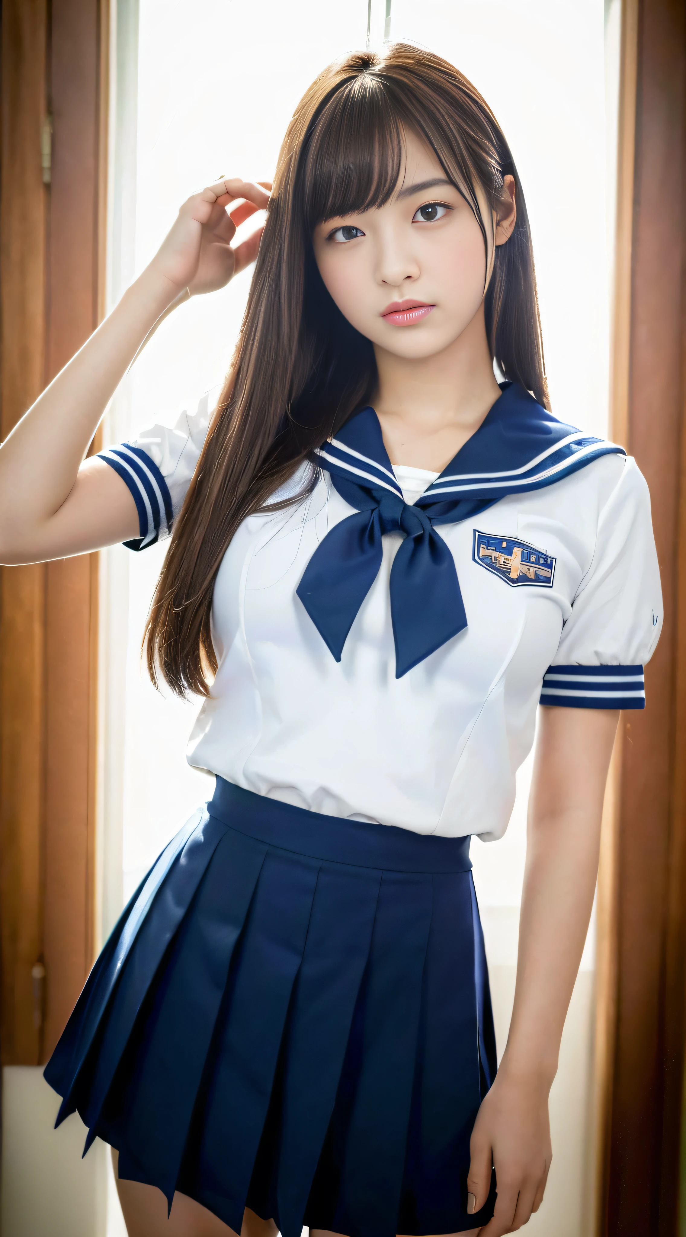 ((masterpiece, best quality,  FHD, 16K, highres :1.3)) ,ultra detailed, Japanese Junior High School Student Woman,  ,gigantic breasts ,sailor  skirt uniform, (Face straight:1.2), cowboy shot,