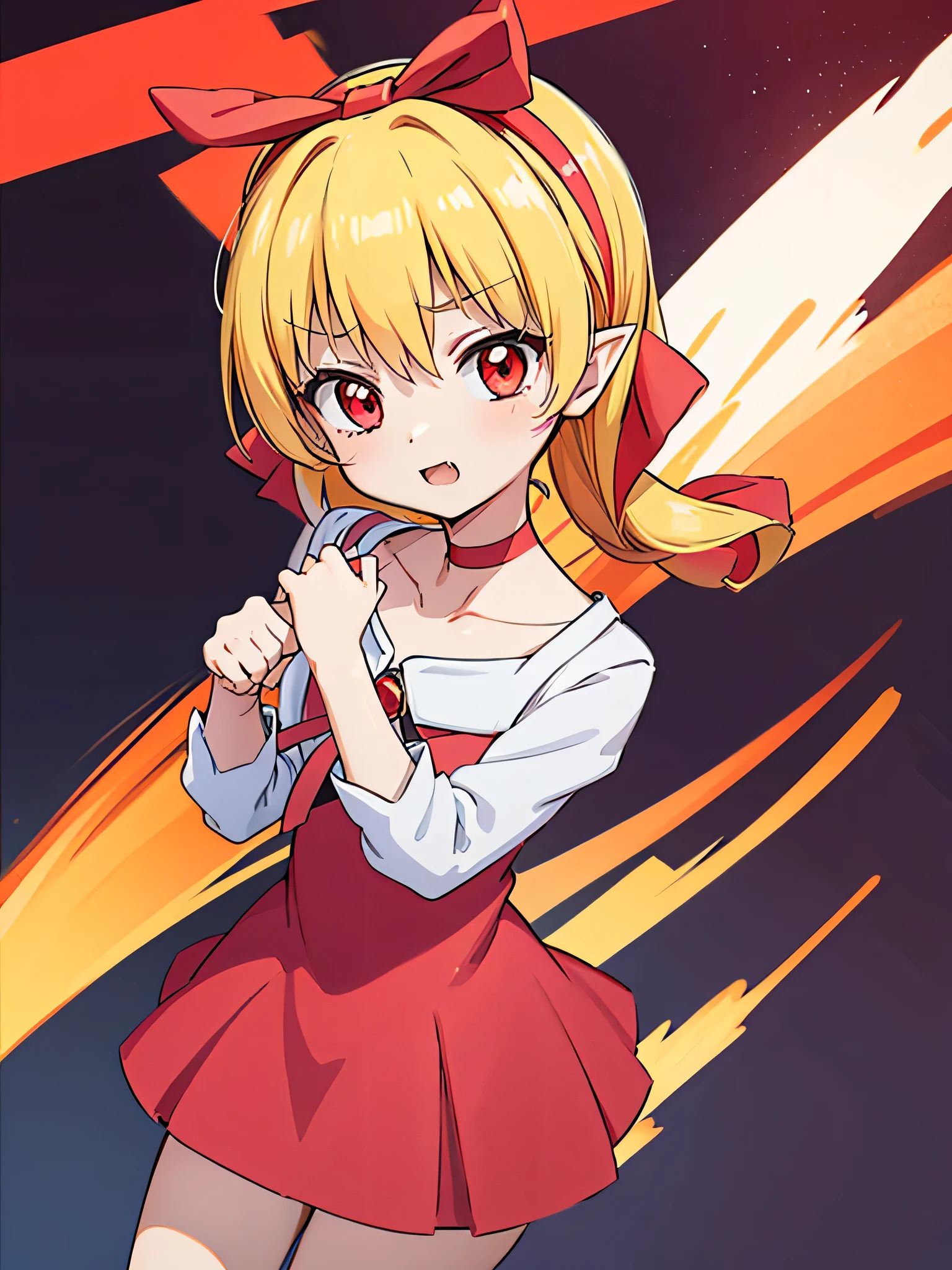 (RED Ribbon on HAIRband:1.2),\Gegege Cat Girl  Style\,{1girl, solo,(((cute,adorable))), big eyes, cute girl eyes}, (smartphone in hands),  street, fang, masterpiece, best quality,nmm1, nekomusume uniform, nekomusume uniform\(gegege no kitarou 6\), 1girl, Blonde hair, RED eyes, solo, red dress, red choker, pointy ears, white shirt, long sleeves, red bow, bangs, collarbone, brooch, jewelry
