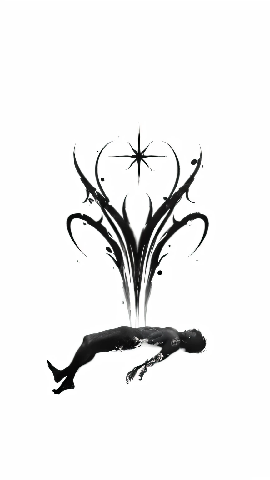 a black and white photo of a person lying in a body of water, concept desenho de tatuagem, a tinta floresce, black and white estilo de tinta, desenho de tatuagem, estilo de tinta, black ink illustration, Tattoo sketch of a sea, desenho de tatuagem de um oceano, por Rodney Joseph Burn, dark illustration, black and white ink ', Arte conceitual do Cavaleiro Oco, silhueta estilizada