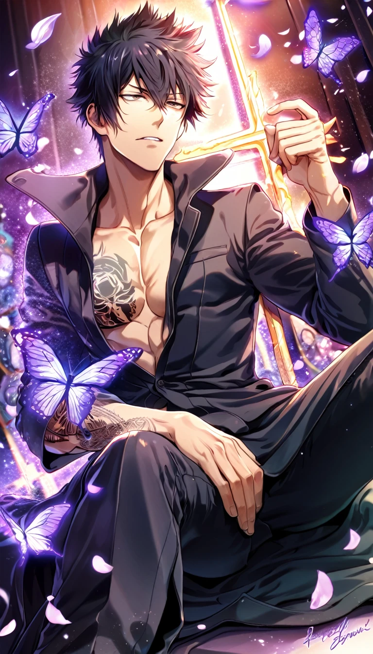 absurdres, highres, ultra detailed, HDR, master piece, best quality, Kougami Shinya, black hair, expressive gray eyes, Psycho Pass, solo, sexy man, handsome, toned chest, black coat, tattoos, cross, purple butterflies, petals, magical, flowers 