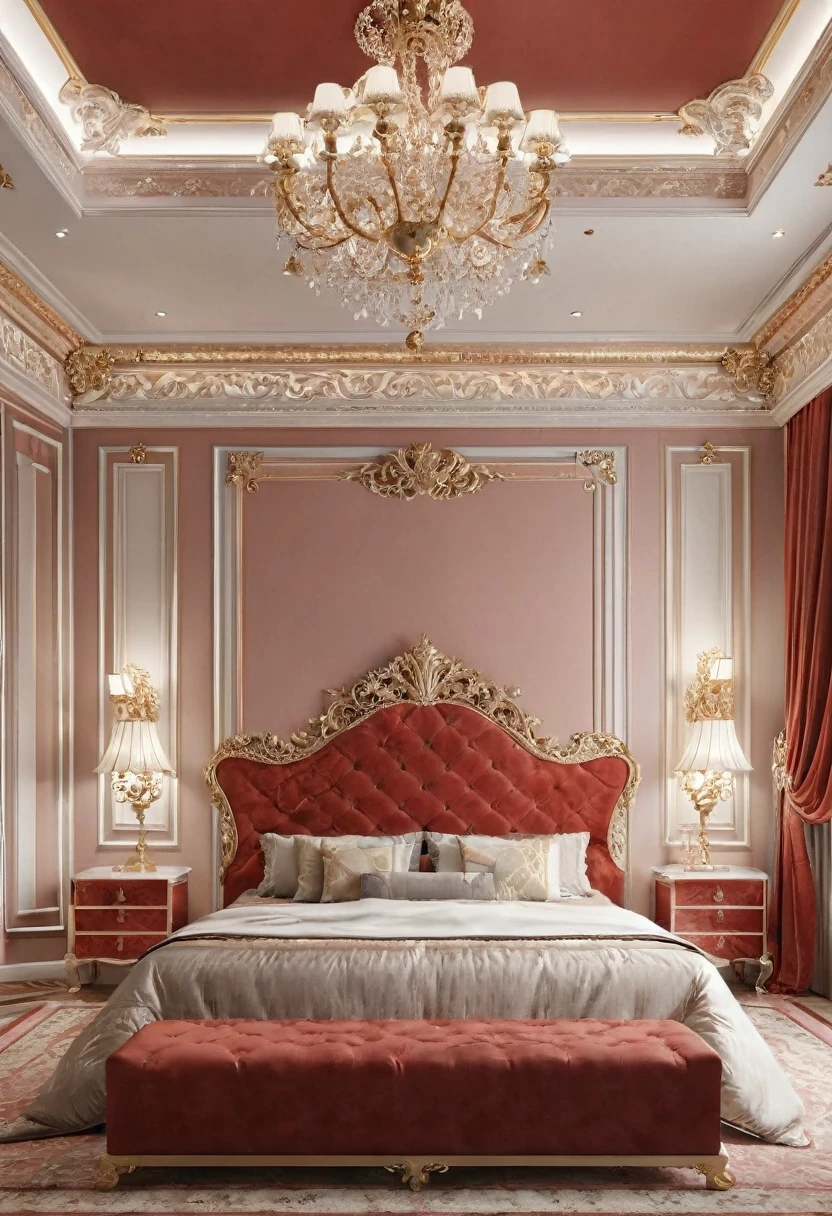 (professional 3d rendering:1.5), world's best artwork, ((full interior for luxury royal bedroom, light red tones)), unified rendering best 8k, very good light, extremely detailed, brilliant, photo-realistic, Realistic, Sharp focus, 8K , (Very detailed: 1.1), Sharp focus, (Studio Light Lighting), art station