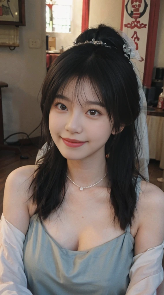 best qualtiy, Ultra-high resolution, (realisticlying:1.4),cute hairpin,Baoyu Girl,Stand in the wedding hall,Blushlush,Wearing a red wedding dress,curvy girl ,A pair of clear and moving peach blossom eyes,Royal Sister,sunshine on face,Ponytail hairstyle,(choker necklace:1.2),(Fair skin:1.4),a sense of atmosphere,a beauty girl, Charming smile,head straight-looking at viewer, closeup cleavage ,(Photorealistic:1.4),Sexy,(Upper body:1.4),(Wet body),(:1.2)