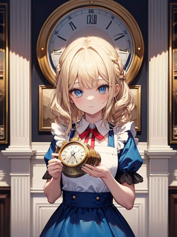 masterpiece, highest quality, Very detailed, 16k, Ultra-high resolution, Alice in Wonderland, ****************, Detailed face, blue eyes, Blonde, Braid, Long Hair, Ribbon on head, Blue Dress, White apron, In a room with a big clock, Clock, wall clock, carpet, Music Box