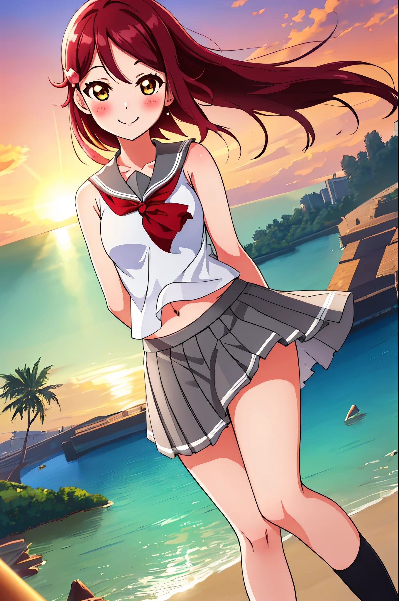 Masterpiece,best quality,Solo, cowboy shot,Sakurauchi riko, long hair, blush, love scene, skirt, sleeveless, pleated skirt, standing, serafuku, grey skirt, uranohoshi ,navel,thicc thighs ,sea in background, sunset time , arms behind back, floating skirt , lovely smile 