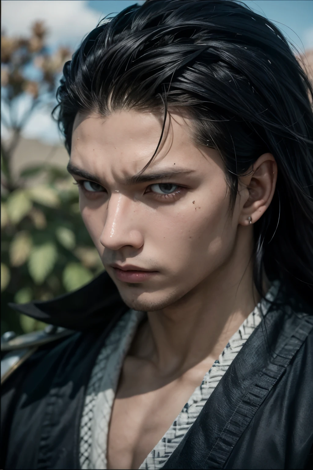 obra maestra, mejor calidad, still film, 1 chico, solo, enfoque masculino, mirando al espectador, , , , realista, gajeel_zorro rojo, pelo negro, ojos rojos, pelo largo, drilling, , feudal japan, High Definition