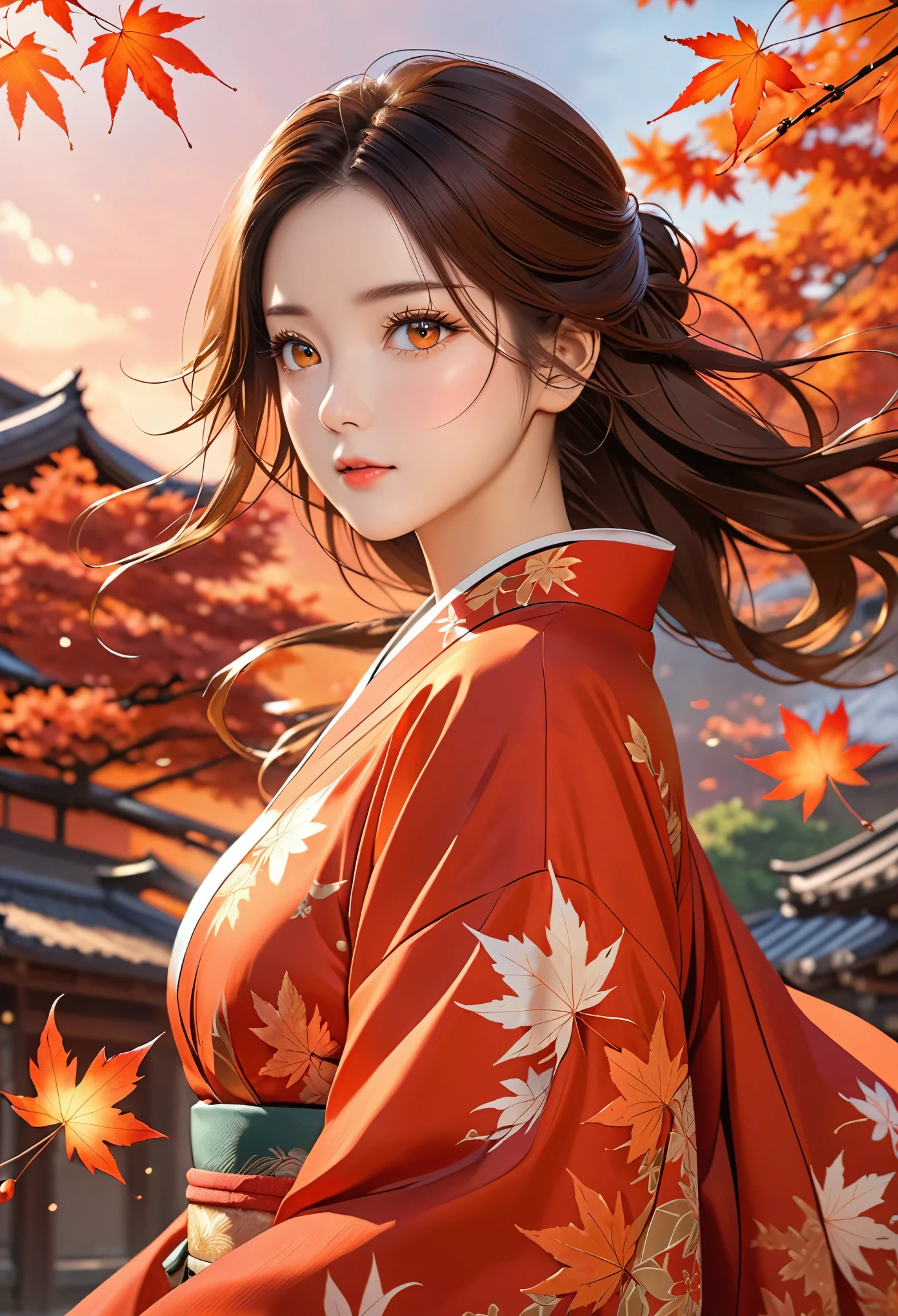 {{{masterpiece}}}, {Extremely detailed CG unity 8k wallpaper}, Astonishing, Fine details, Solitary, {{Flowing hair}, }, {{Maple Leaf}}, outdoor, Orange red sky, {{wind}}, Detailed background, Beautiful and delicate eyes, transparent:kimono:0.4, cleveage, Smart pupils, {{whole body}}, Dynamic poses, Dynamic Angle, cleveage, looking at the audience, Detailed clothes, movie lighting, close up, best quality