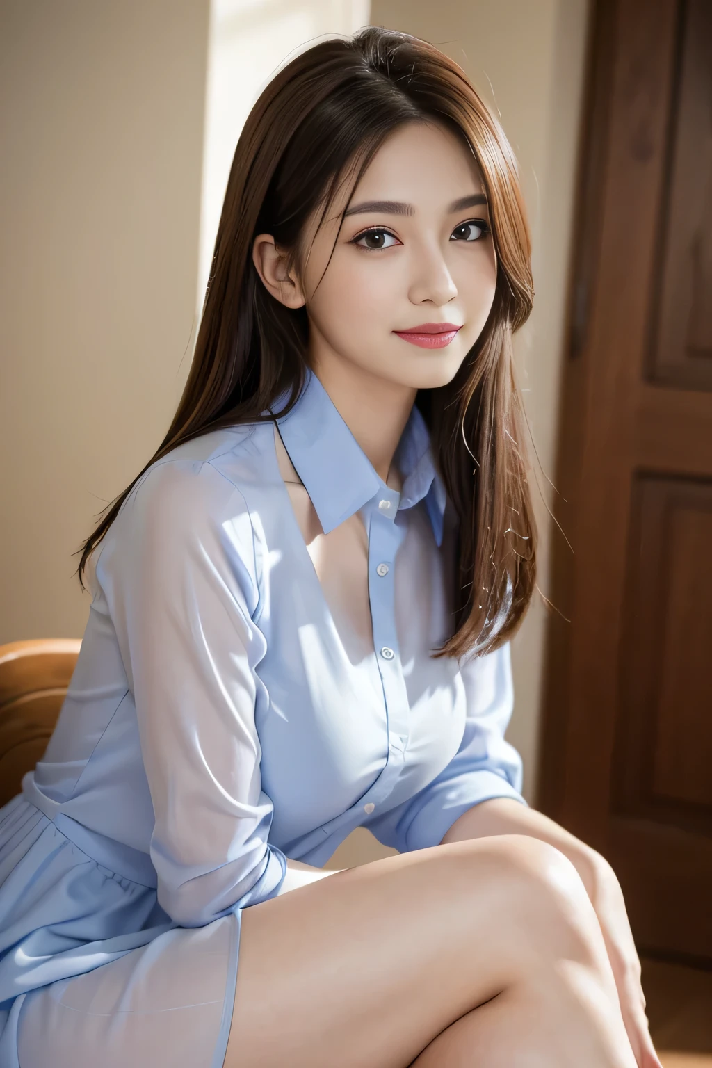 (RAW Photos), (Realistic), (masterpiece), (highest quality), High resolution, 8k, (Intricate details), (Volumetric Light), Portraiture, woman, Age 35, Medium Hair, Straight hair, Mid-chest, Layered Hair, Brown Hair, Very beautiful eyes, Source order, Very thin eyebrows, Very fine skin, Very beautiful mouth, Very nice nose, Cute like an idol, smile, (Thick lips), (Looking at the audience), (See-through random color collared dress shirt), Above the knee shot