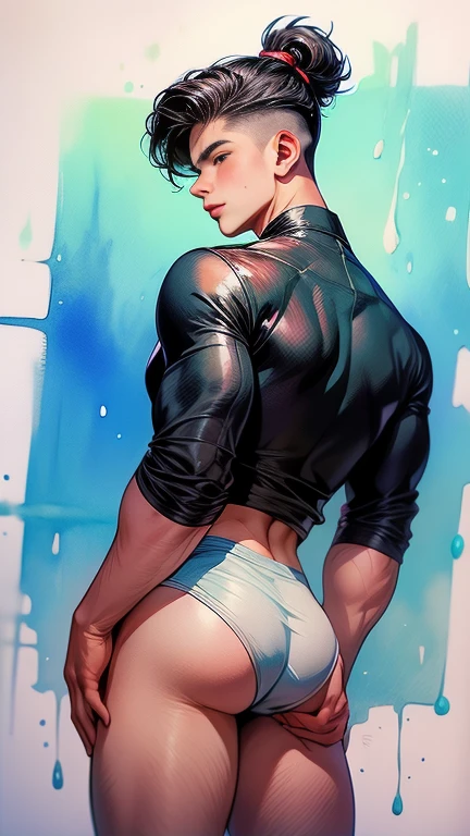 A depraved, very handsome boy shows off his ass, young guy of Fifteen year old with round voluminous buttocks and a thin waist, splashing white sticky liquid, dressed in Tango panties are two sizes too small , daring hairstyle. Watercolor, Only boys, guys, young man