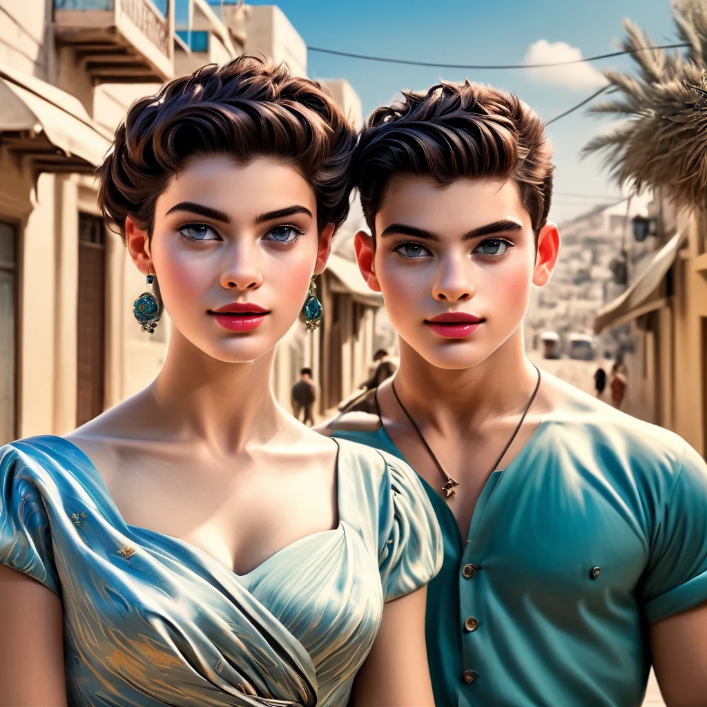 Best quality overall physical looks Very high quality somewhat Anime look with to it but set in 1950s Israel with both males and very attractive feminine females more overal stronger more muscular looking attractive males that is can be very highly detailed more accurate authentic kinda Israeli=Israel cultural looks and appearances looking authentic accurate lifelike dignified very good looking beautiful and very cute looking very attractive handsome beautiful very Israeli like young men and women together in a very1950s Israeli type Neighborhood and period look and feel and style with 1950s style in Israel fashions and dress very with a very huger ranges DIVERSE VARIETY and variations versions of physical looks types and appearances of Israel/ Israelis males that are handsome tall quite muscular strong best quality for fingers with thumb very clearly sharply detailed and defined cute lovely feminine beautiful women Young very attractive and beautiful looking youths males and females best quality ratio both together in group settings Young very attractive very incredibly handsome a little vaporwave and beautiful looking youths male and females in kinda smaller groups of 5 to 9 settings with a DIVERSE VARIETY and whole ranges of different variations version of physical looks and types and appearances of Israeli types and appearances with shades and ranges of natural kinda dark chestnut and dark brown -Jet or raven black hair shades included in a realistic real like way a 1950s Israel look in background all sharper clearer detailed defines all images more detailed with a variety of scenes of 1950s Israel-Israeli life a beautiful real way also have kinda angled clearer sculptured sculpted almost model like looks and types handsome and beautiful real like authentic realistic" Women in 1950s female styles fashions dresses skirt outfits with more of included in tones shades colors with tans khakis olives greens of all types ranges of blues reds oranges yellows with polk
