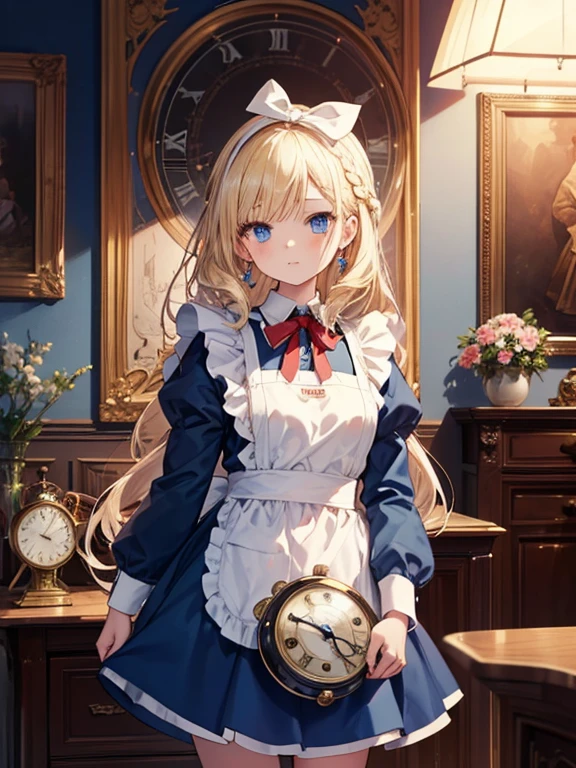 masterpiece, highest quality, Very detailed, 16k, Ultra-high resolution, Cowboy Shot, Alice in Wonderland, 10-year-old girl, Detailed face, blue eyes, Blonde, Braid, Long Hair, Ribbon on head, Blue Dress, White apron, In a room with a big clock, Clock, wall clock, Music Box