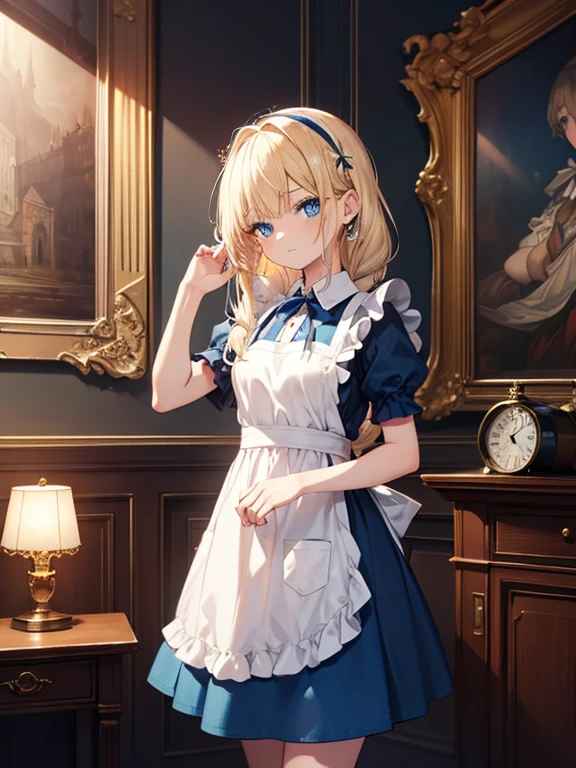 masterpiece, highest quality, Very detailed, 16k, Ultra-high resolution, Cowboy Shot, Alice in Wonderland, 10-year-old girl, Detailed face, blue eyes, Blonde, Braid, Long Hair, Ribbon on head, Blue Dress, White apron, In a room with a big clock, Clock, wall clock, Music Box