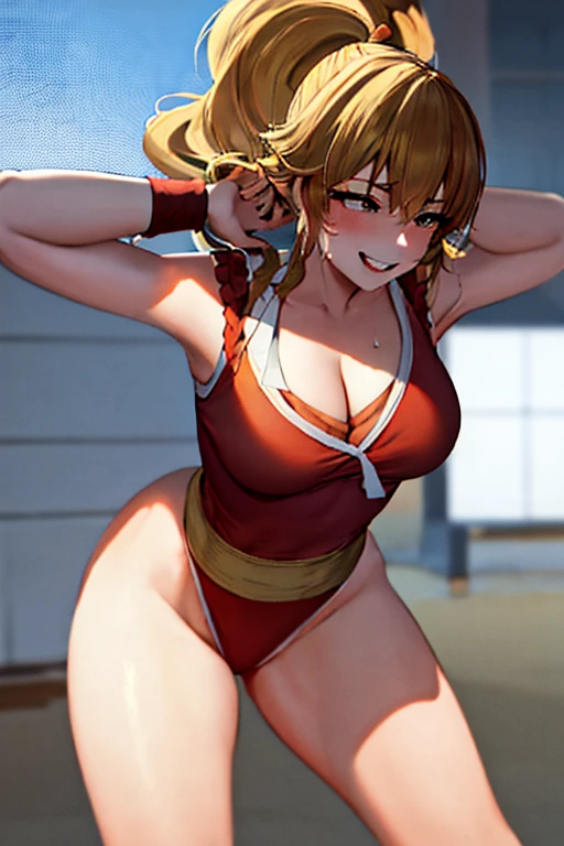 masterpiece, best quality, beautiful art, high resolution, well formed hands, body and fingers, 1 woman,solo, Xiangling, up, adult, big breasted, cleavage, full body, long hair, hair ribbon, wearing a Maki Genryusai outfit, gorgeous legs , sexy and skimpy red kimono, hips and thighs, sexy red japanese clothes, she is doing exercise, warming up, stretching her body, bouncing breasts, bikini thong, sexy and erotic training, working out, sweating, smiling joyfully and brightly, training montage session, beach environment