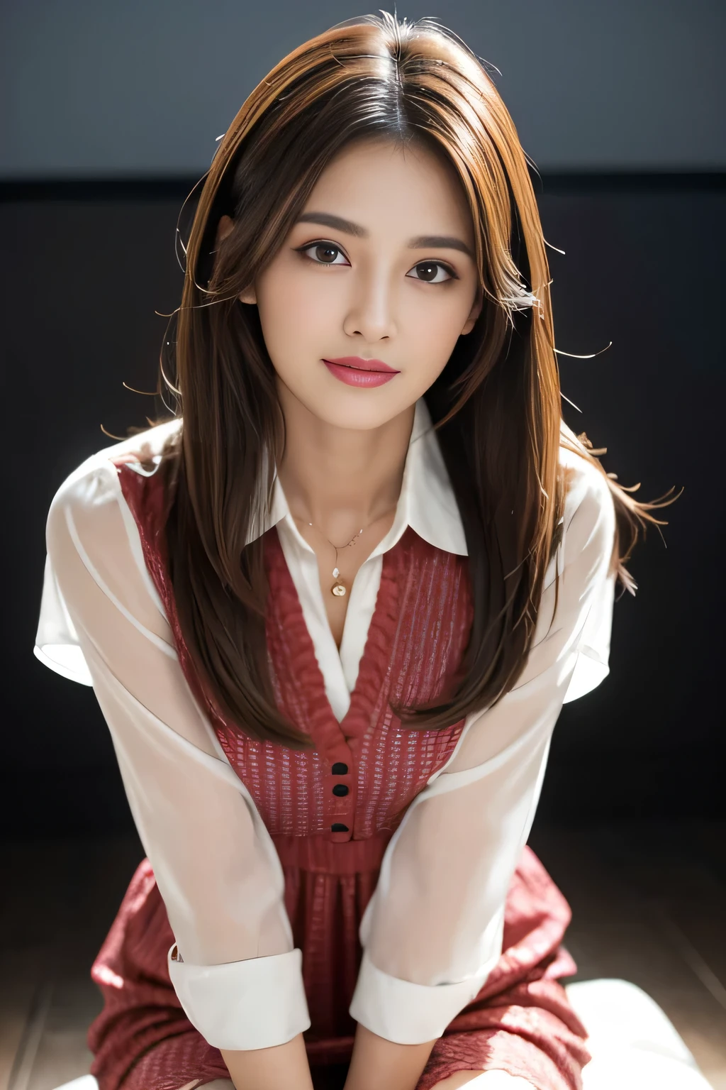 (RAW Photos), (Realistic), (masterpiece), (highest quality), High resolution, 8k, (Intricate details), (Volumetric Light), Portraiture, woman, Age 35, Medium Hair, Straight hair, Mid-chest, Layered Hair, Brown Hair, Very beautiful eyes, Source order, Very thin eyebrows, Very fine skin, Very beautiful mouth, Very nice nose, Cute like an idol, smile, (Thick lips), (Looking at the audience), (See-through random color collared dress shirt), Above the knee shot