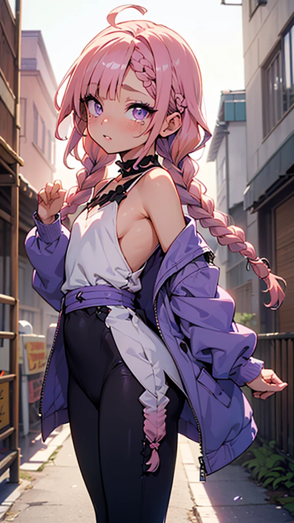 cute doodle, Bokeh, depth of field, bloom, ambient occlusion, Tyndall effect, dappled light, 1girl, solo, dark skin, sideboob, pink hair, very short hair, asymmetrical hair, low ponytail, hair over one eye, purple eyes, crying, boyish clothes, skirt suit, leggings, legs apart, raise both hands, heart hands, afternoon, front view, looking at viewer, warehouse(((little ,small tiny body,,chibi,small))),((())),(((1 toddler:1.4))),(baby face),(round face),(little chest),(big forhead:1.2),(beautiful big eyes:1.3),extremely detailed cute anime face, (((flat chest))),((((long twin braids,tight braids,long braid, braided hair ,long hime cut, lite hair, pink hair, colored inner hair)))),(((purple_eyes:1.3)) Wearing a cute dress

