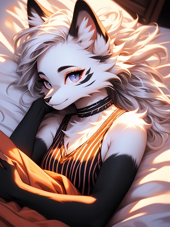 ( Absurdly , High quality , ultra detailed ) ,( hand detailed ) , absurdres(highly detailed beautiful face and eyes)perfect anatomy Solo, sfw, Young Female white fox-cat (((lean-body))) (((medium breasts))) (short snout),(((fur (black stripe) between neck and shoulder towards chest))) ((fur (black stripes) on waist))(ears are darker), (heterochromia (orange, violet)), (cat tail (black at end)), (white hair (single-braided)), ((violet shirt (crop top)), ((looking at viewer)) ((Female wolf)) (detailed eyes) (clevedge, (collarbone, shoulders), (solo, (1girl)) ((((fluffy white fur)))) ((extremely detailed fur)) ((hair in face)) (big braid), sfw, (thin long tail) (heterochromia) (extremely detailed eyes) (((lying in bed, on her back))) (lying under the covers)