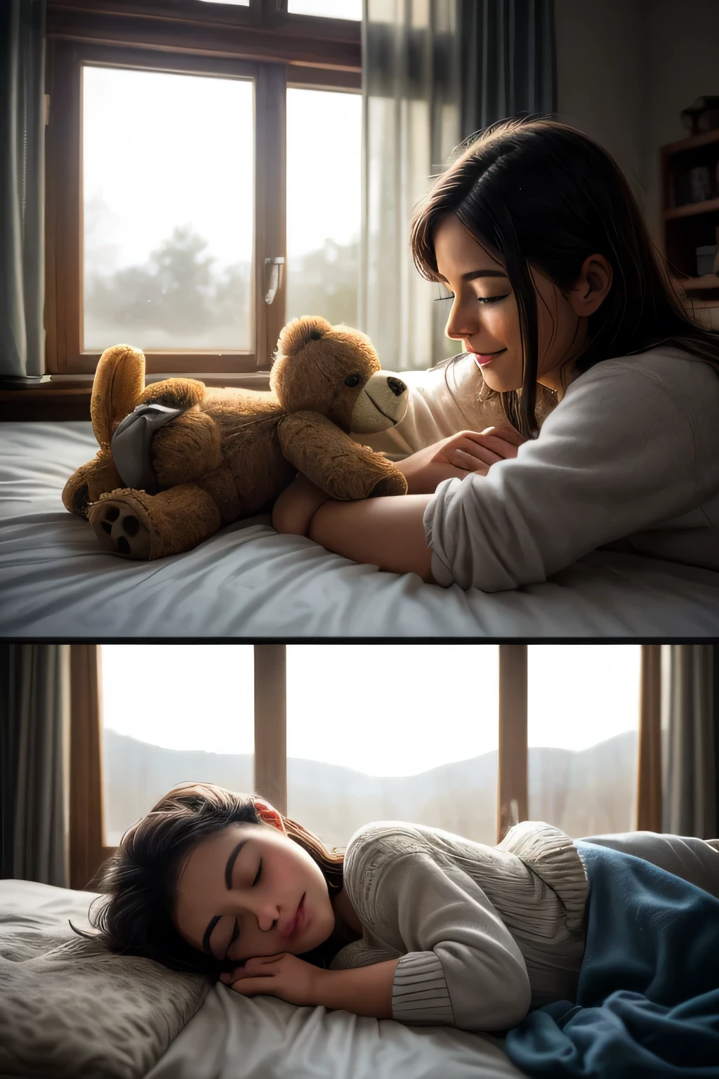 Create a serene and comforting scene to represent the conclusion of the story "The Journey of Balu the Teddy Bear." The image should depict Balu's return to Ana's cozy bedroom, now bathed in the soft light of morning streaming through the window. In the center of the image, include Balu lying on the bed next to Ana, with his eyes closed in peaceful sleep. Ana is beside him, watching him with tenderness as he sleeps, with a gentle smile on her lips. Around the room, add familiar details such as toys, books, and photos, highlighting the love and affection shared between Ana and Balu. Use the Realistic Vision V6.0 B1 effect to add a sense of warmth and comfort to the scene, creating a welcoming and reassuring atmosphere.

