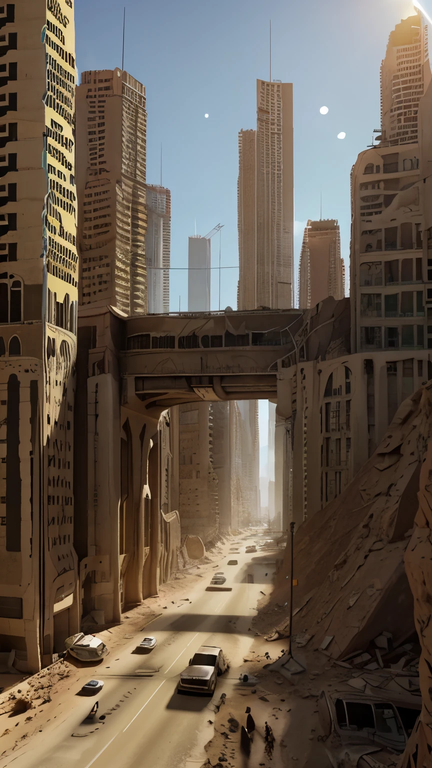 image of the view from inside a winding bridge between a tall tower in the center of a post-apocalyptic North American canyon and another building, view of the entire desert, there is a reinforced concrete walkway connecting one building to another on the horizon, o deserto tem canyons no horizonte, tall buildings on the horizon and everywhere, has smoky structures, carros abandonados nas ruas, desert megalopolis, tall buildings and collapsing to the ground, many destroyed buildings around, sol da tarde, orange sky, visible sun setting, sunset in the sky, sol poente visivel no horizonte alaranjado, TEM UMA GAROTA VESTIDA COM CAPUZ ANDANDO NA RUA, as realistic as possible, As detailed as possible, as realistic as possible, ultra realismo