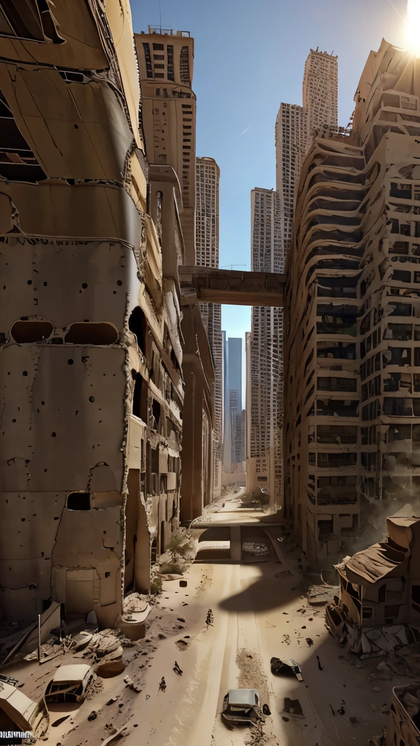 image of the view from inside a winding bridge between a tall tower in the center of a post-apocalyptic North American canyon and another building, view of the entire desert, there is a reinforced concrete walkway connecting one building to another on the horizon, o deserto tem canyons no horizonte, tall buildings on the horizon and everywhere, has smoky structures, carros abandonados nas ruas, desert megalopolis, tall buildings and collapsing to the ground, many destroyed buildings around, sol da tarde, orange sky, visible sun setting, sunset in the sky, sol poente visivel no horizonte alaranjado, TEM UMA GAROTA VESTIDA COM CAPUZ ANDANDO NA RUA, as realistic as possible, As detailed as possible, as realistic as possible, ultra realismo